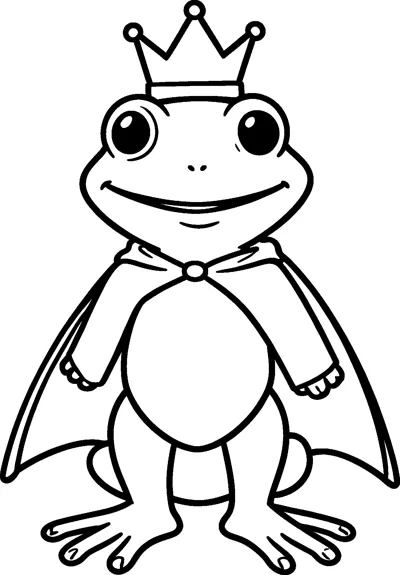 A smiling frog prince stands upright on long legs, wearing a pointed crown and a flowing cape fastened at the neck.
