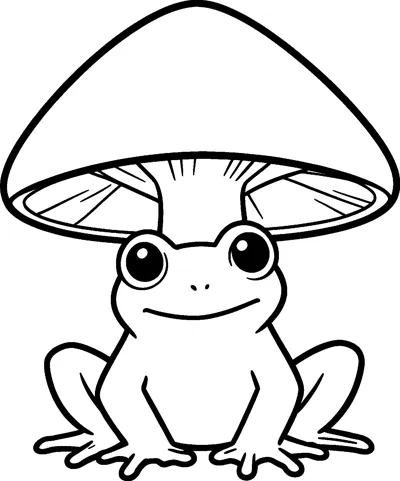 A smiling frog sits on the ground beneath the wide cap of a giant mushroom, with the gills showing above its head.