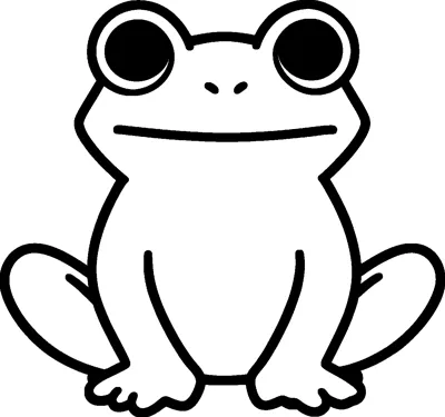 A simple cartoon frog sitting upright with big round eyes, a wide smile and chunky back legs folded at its sides.