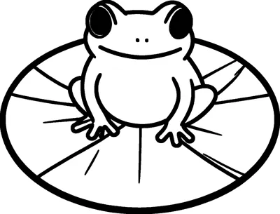 A cheerful little frog with big eyes sits in the middle of a large round lily pad with simple vein lines.