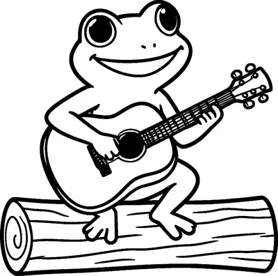 A grinning cartoon frog sits on a wooden log and strums an acoustic guitar held across its round body.