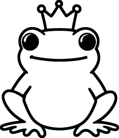 A happy cartoon frog sitting with its legs folded, wearing a small pointed crown with round tips on top of its head.