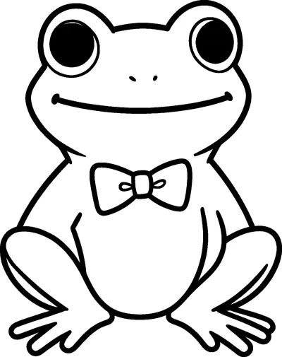 A smiling cartoon frog sits upright with its legs folded and wears a neat bow tie at the top of its chest.