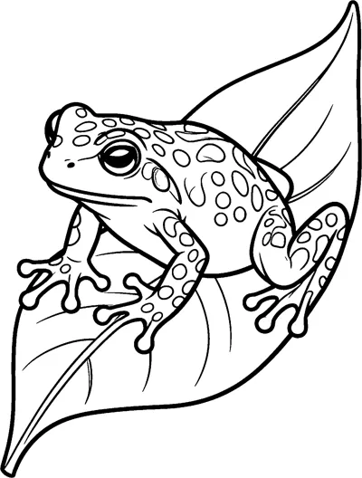 A detailed poison dart frog covered in rounded spots sits on a large curved leaf with fine vein lines.
