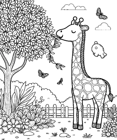 A giraffe stands beside a tree in a fenced garden while butterflies fly around it.