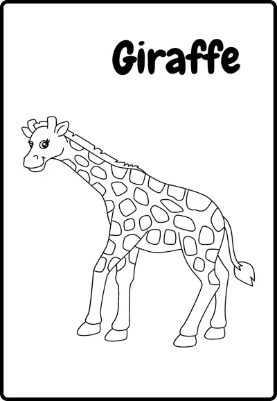 A tall giraffe with patchy spots stands sideways under the word Giraffe.