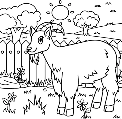 A goat with curved horns stands on grass beside a fence under a bright sun.