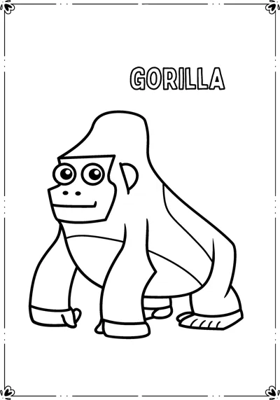 A large gorilla rests on its knuckles inside a frame with its name printed above.
