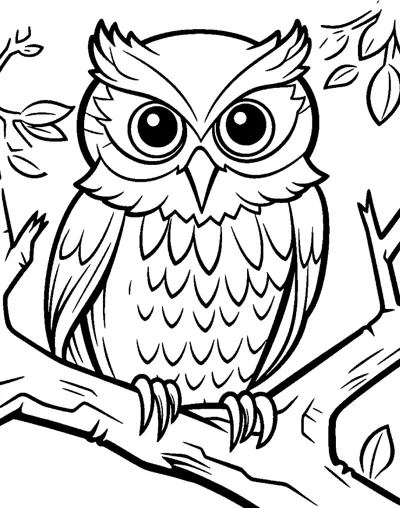A horned owl with layered feathers and large eyes perches on a thick branch with leaves above.