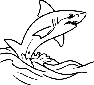 A great white shark leaps upward out of a curling wave with water drops splashing around its tail.