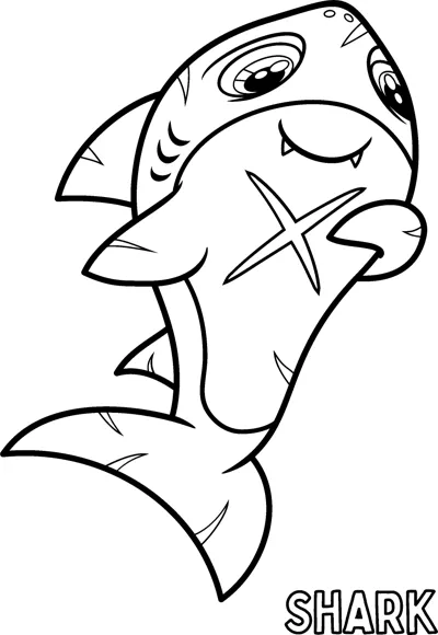 A grinning shark holds a starfish against its striped belly with its name printed below.