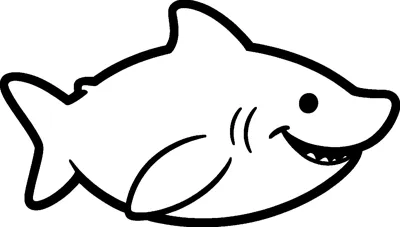 A cartoon shark seen from the side swims to the right with a big toothy grin and curved fins.