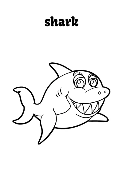 A cartoon shark with a wide toothy grin swims to the right under the word shark.