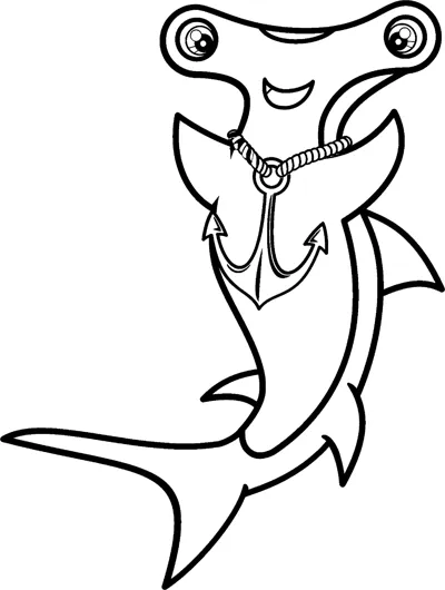 A smiling hammerhead shark carrying an anchor swims downward under its name.