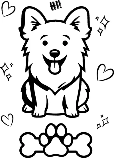 A fluffy dog with its tongue out says Hi, surrounded by hearts, sparkles, a bone and a paw print.