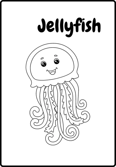 A smiling jellyfish with a dome head and wavy tentacles hanging below, labelled Jellyfish, inside a rounded frame.