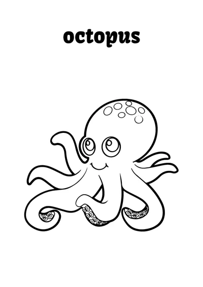 A cartoon octopus with a spotted head and waving tentacles smiles under the word octopus.