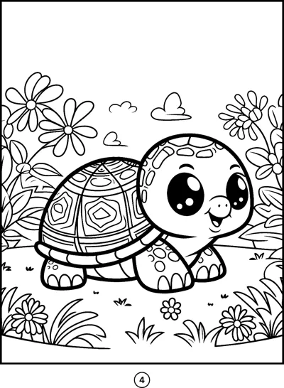 A smiling turtle with a patterned shell walks across grass surrounded by flowers and clouds.