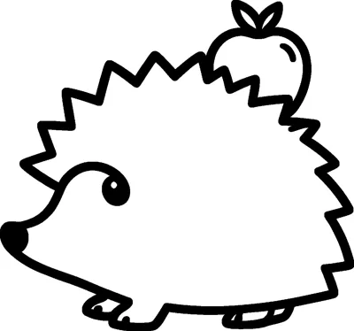 A simple hedgehog with a spiky back walks along carrying a little apple stuck on its spines.