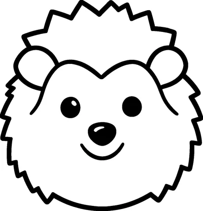 A simple hedgehog face with round ears, shiny eyes, a big black nose and a happy smile inside a spiky outline.