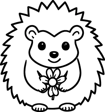 A cute round hedgehog with a smiling face holds a big flower with rounded petals in both front paws.