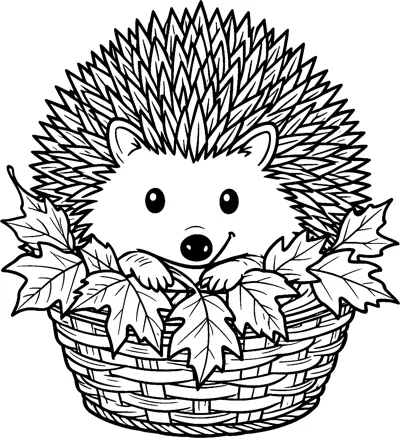 A detailed hedgehog with a smiling face sits in a woven basket filled with autumn leaves.