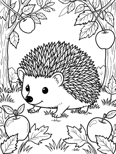 A detailed hedgehog walks through an autumn orchard with apples hanging from branches and lying among leaves.
