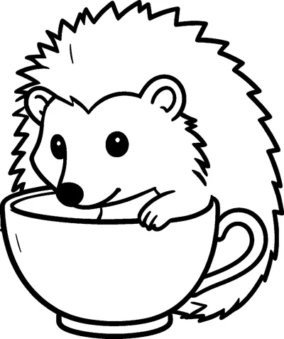 A small hedgehog with round ears and a pointed nose peeks over the rim of a big teacup with a curved handle.