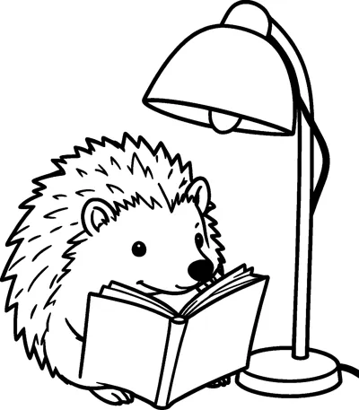 A hedgehog sits holding an open book while a tall desk lamp shines down from above.