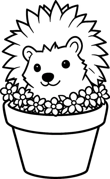 A smiling hedgehog sits inside a flower pot with a ring of small flowers around its body.