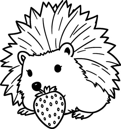 A spiky hedgehog with round ears leans forward to sniff a large strawberry covered in little seeds.