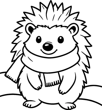 A smiling hedgehog stands on a snowy hill wearing a warm scarf with fringed ends wrapped around its neck.