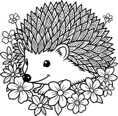 A detailed hedgehog with patterned, leaf-shaped spines sits among open flowers and leaves.
