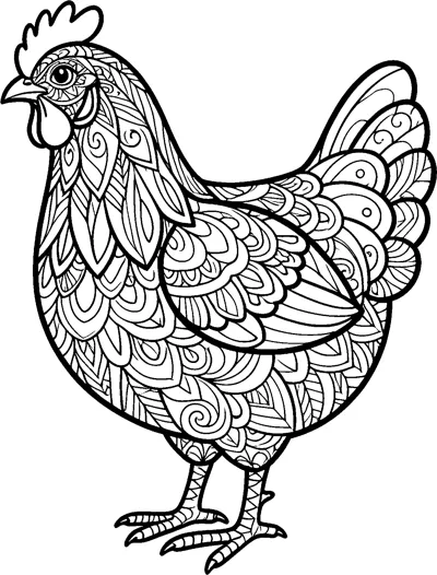 A standing hen whose body, wing and tail are filled with zentangle swirls, petals and feather patterns.