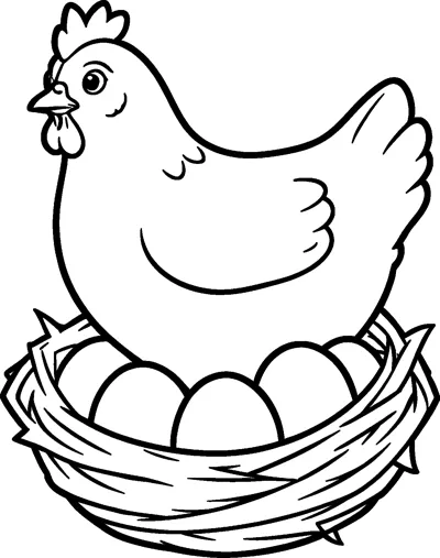 A plump hen with a comb and wattle sits on top of a twiggy nest holding several smooth eggs.