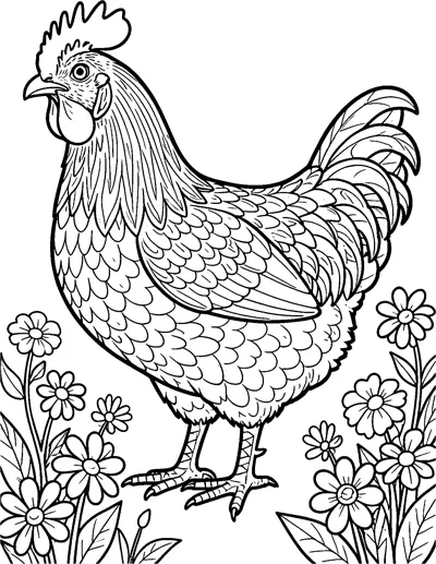 A detailed hen with scaled feathers, a tall comb and a fanned tail stands among daisies and leafy plants.
