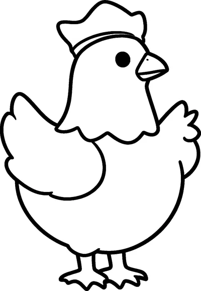 A plump hen with a wing raised wears a small soft hat with a band on top of its head.
