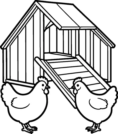 Two plump hens stand on either side of a wooden ramp leading up into a planked chicken coop with a sloping roof.