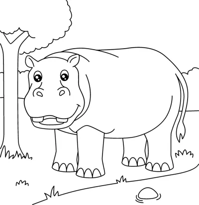 A smiling hippo stands on a riverbank with trees and grass behind it.