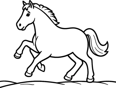 A horse gallops to the left along a low sandy shoreline with its mane and tail streaming behind.