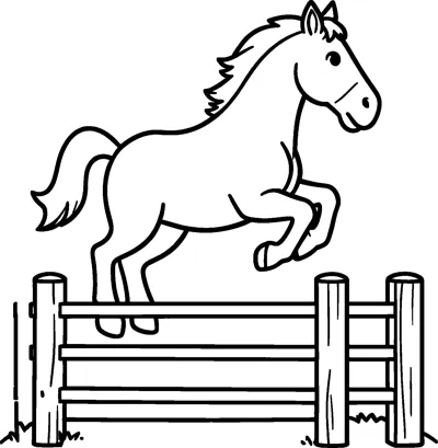A horse with its front legs tucked leaps over a three-rail wooden fence with grass below.