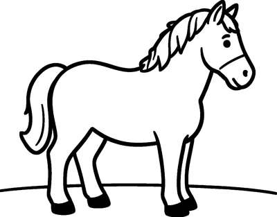 A horse stands in side view on a ground line, with a thick mane, bushy tail and four hooves.