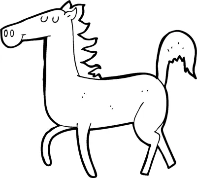 A cartoon horse with a flowing mane and tail trots sideways above the word Horse.
