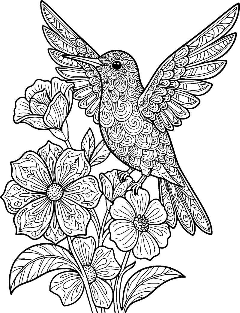 A hummingbird with raised wings perched among large patterned flowers, buds and leaves.