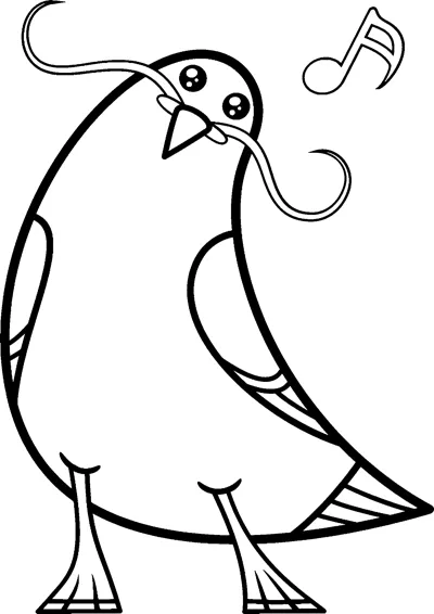A bird with a long curly moustache feather whistles a musical note, with its name above.