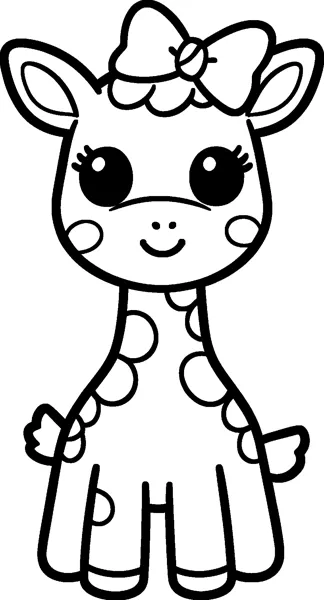 A big-headed cartoon giraffe with large eyes and a bow on its head stands facing forward.