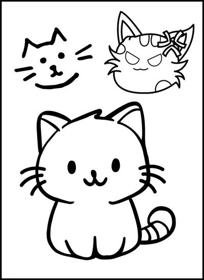 A round kawaii kitten sits below two small cat face doodles.
