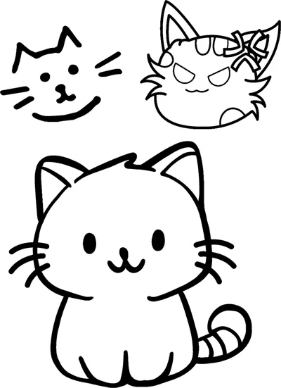 A round kawaii kitten sits below two small cat face doodles.