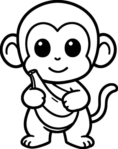 A big-headed cartoon monkey with huge eyes stands and hugs a banana to its chest.