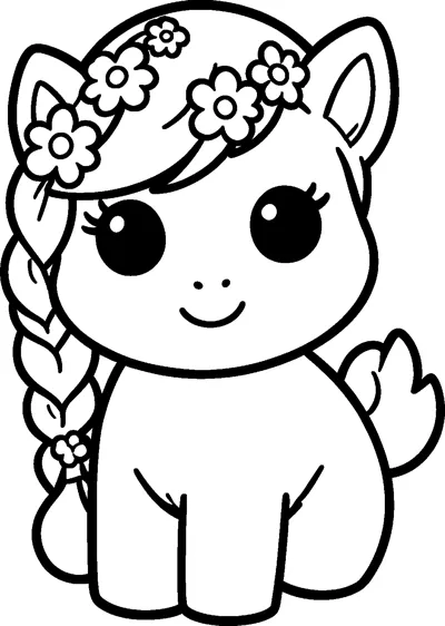 A big-eyed cartoon pony sits facing forward with a crown of flowers and a long braid down one side.